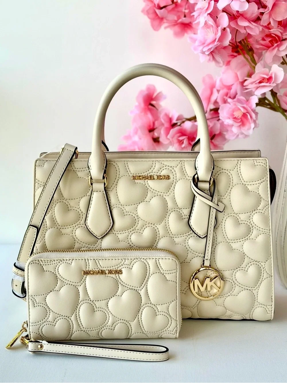 Michael Kors Cream Quilted Heart Satchel and Wristlet Set